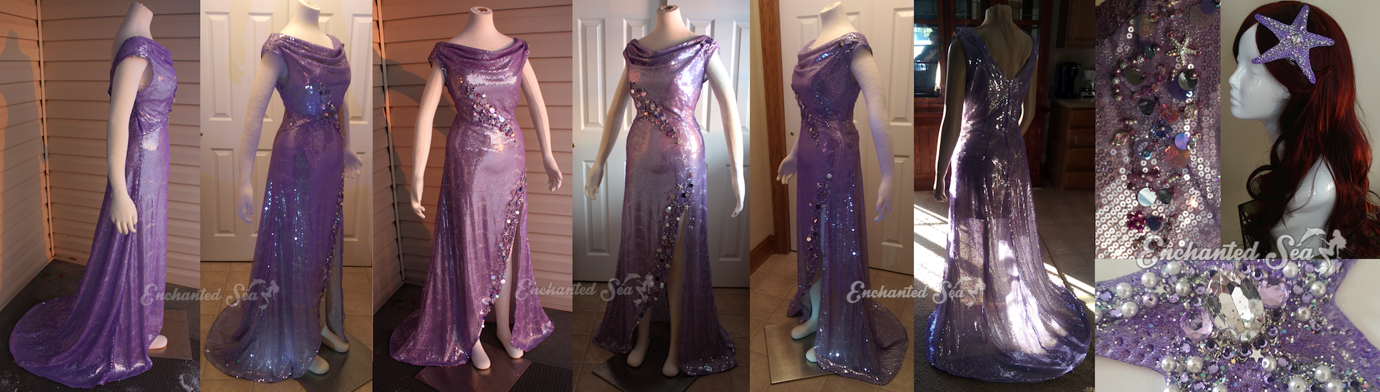 This has always been one of my favorite costumes. It’s simple, but the sparkle is enchanting. I layered a heavily sequined silver fabric underneath a sheer purple netting encrusted with tiny rainbow gems. To add even more sparkle, I stitched many sequins, paillettes, pearls, beads, gems, etc. along the bust and slit in the skirt. I felt like she needed an accessory, so I created a starfish hair comb encrusted with lots of sparkling things :) I photographed it in different types of lighting because it really transforms depending on the light.