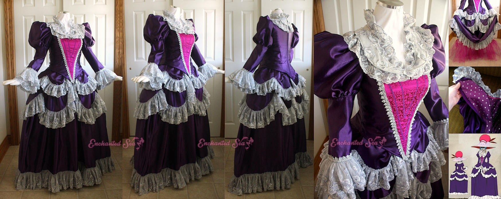 Kikyo Zoldyck Dress ~ A commissioned piece that combines Rococo and Victorian elements! The dress is supported by custom small panniers and a hot pink ruffled netting underskirt. The skirt flares out at the hips and yards upon yards of silver embroidered lace cascade over layers of the skirt and hem. The bodice is steel-boned and features a luxurious pink brocade center with embroidered patterns. It also has double rows of lace at the sleeves and a dramatic lace collar. We wanted the collar to match the lace, so I used a remnant of a silvery white fabric, and overlayed the silver lace on top. After trimming it in the same silver lace, I used cutouts of roses from the lace and hand-stitched them loosely to the collar for a 3D lace sort of effect. As a special little extra something, I lined the bodice in layers of cotton but used a fun purple silver polka-dot cotton as the interior layer.