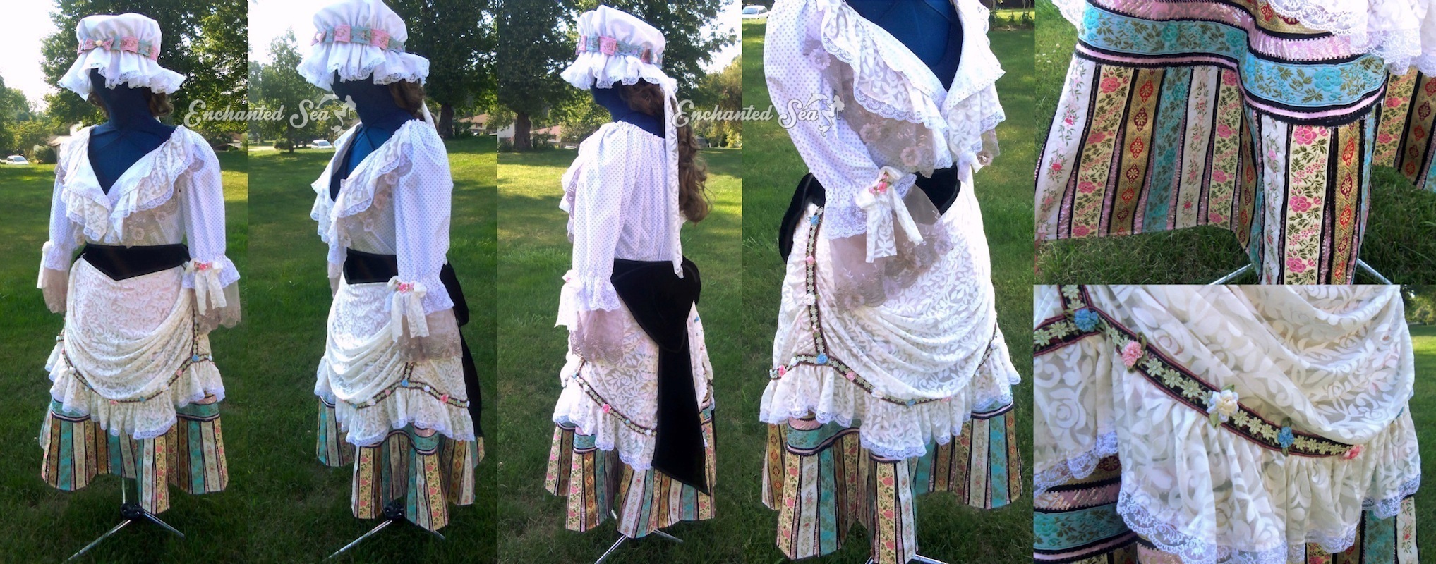 A commission for a costume that is quite deceiving on the construction end - would you believe 145 yards (YARDS! not feet) of trimmings and 15 yards of various fabrics went into this look? The skirt is not a pattern - it's actually rows and rows of ribbons stitched on. In addition, some trims on the skirt are layered on top of each other for a rich effect. I also love how the floppy hat came out!