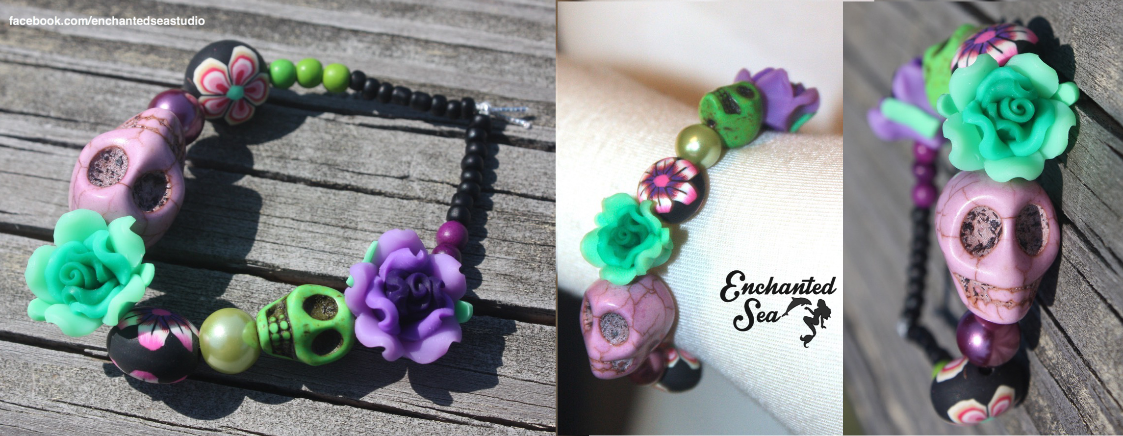 Inspired by signature elements of Day of the Dead, this bracelet has beautiful stone-carved skulls and resin flowers in hues of purple and lime, intertwined with floral painted stone beads. These give a more elegant and “real” look than plastic. The beads are strung on an elastic cord.