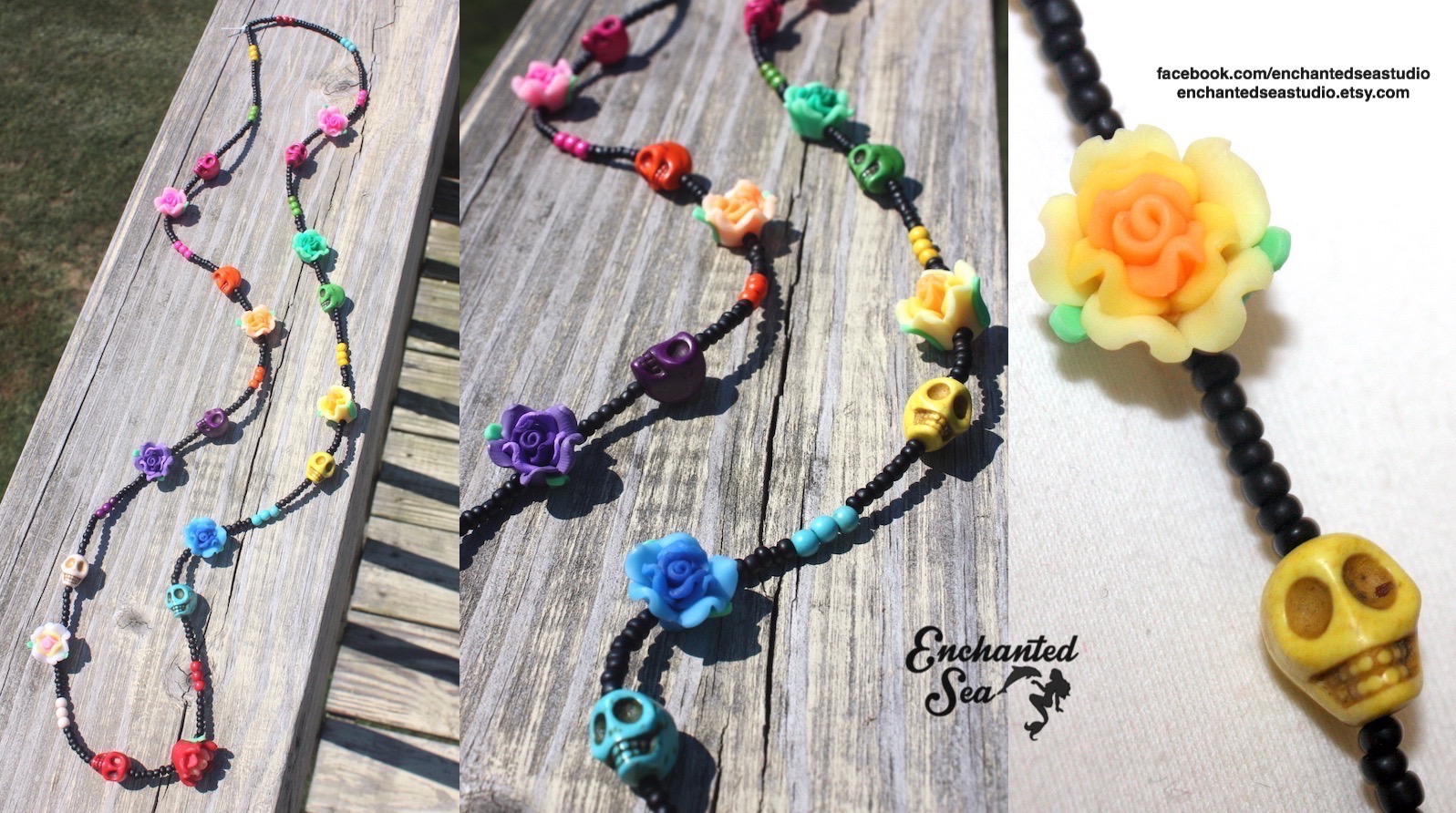 Inspired by signature elements of Day of the Dead, this necklace has beautiful stone-carved skulls and resin flowers in all shades of the rainbow. The small colored beads and black beads are also stone, too, and give a more elegant and “real” look than plastic.