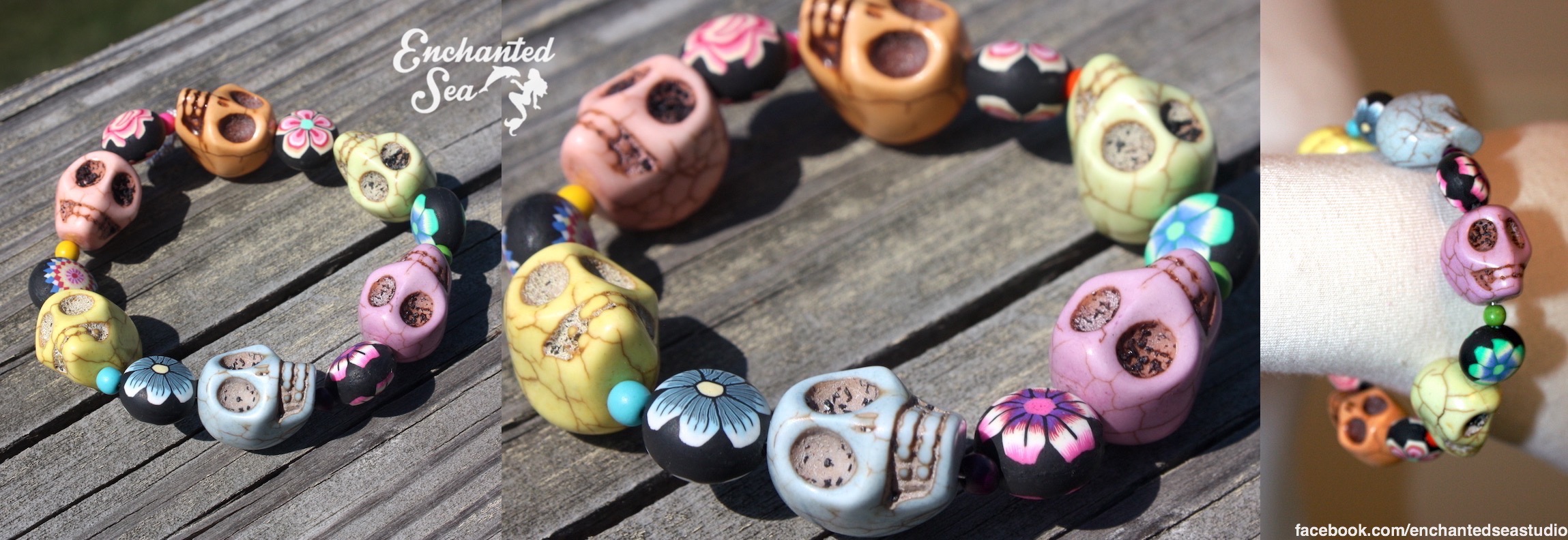 Day of the Dead / Día de los Muertos Bracelet ~ Inspired by signature elements of Day of the Dead, this bracelet has beautiful stone-carved skulls in all shades of the rainbow, intertwined with floral painted stone beads. These give a more elegant and “real” look than plastic. The beads are strung on an elastic cord and one size fits most wrists.