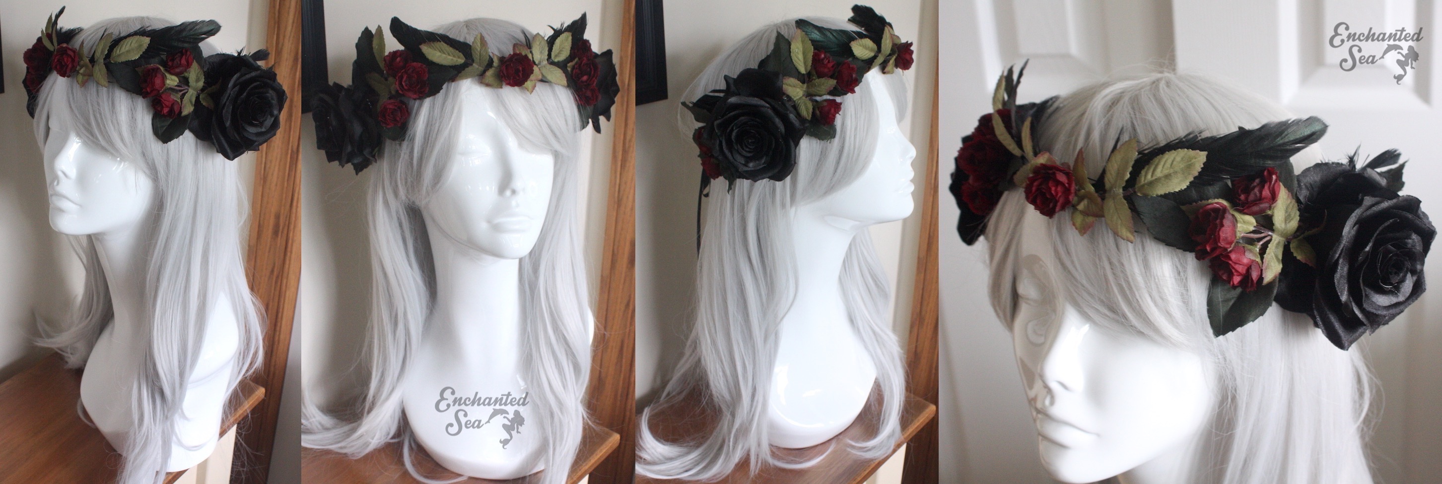 Large black roses sit atop the sides of this dark crown, intertwined with faded greenery, crimson roses, and iridescent black feathers. Adjustable via ties in the back.