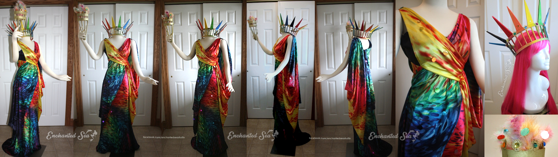 This garment is a modern interpretation inspired by Lady Liberty, with a special message about LGBTU rights, equality, and love. Cascades of brightly colored rainbow fabric are sprinkled with colorful paillettes. These shimmery embellishments are hidden in their respective color, to give a subtle hint of shine while staying classy. A custom built rainbow crown and torch are embellished with gold filigree and rainbow gems.