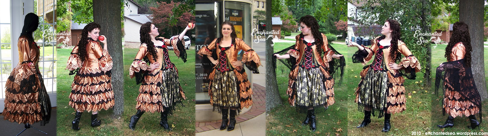 This was an older costume from when I first started sewing. It's based off of Christine's Aminta costume in The Phantom of the Opera. This spanish flamenco-inspired costume is made from a dark peach satin with rows and rows of embroidered ruffles. Gold, black, pink, and bright scarlet details add to the richness of this ensemble.