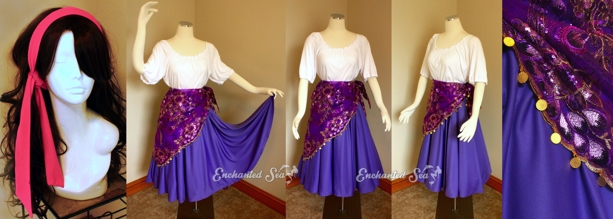 Esmerelda's skirt and accessories! This commissioned piece includes a purple petticoat to keep the costume full, a periwinkle circle skirt that flares out when dancing, a simple head scarf, and an elaborate embroidered skirt scarf trimmed in real metal coins.