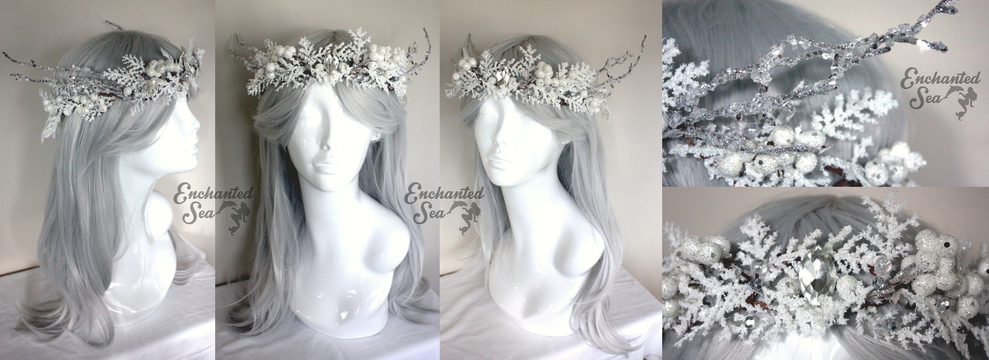 Mystic Ice Crystal Crown ~ An exceptionally detailed crown featuring crystallized branches, snowy juniper, icy beads, and frosty notions. A glass crystal sparkles upon the center front.