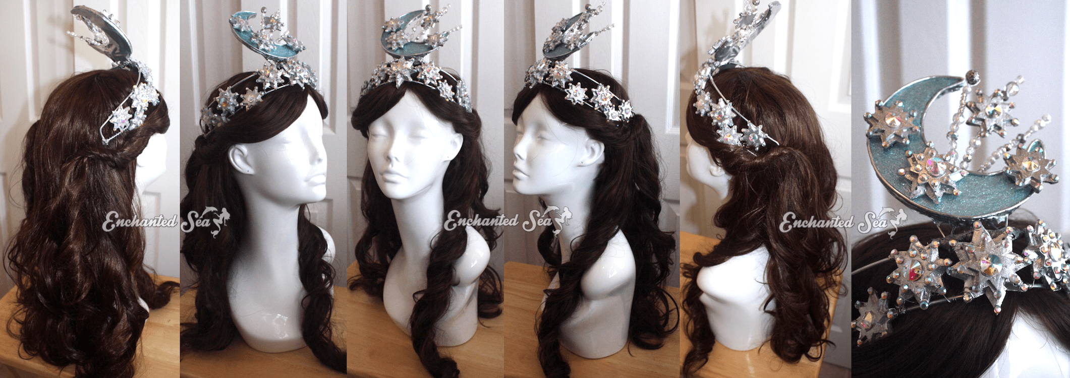 Custom resin stars encrusted with rhinestones and crystals adorn a steel base. A crescent moon sits atop the middle and sprouts stars and crystals from its' center. The tiara has combs near the back that hold it in place and the moon can be tilted/adjusted. The stars and moon are wired and soldered onto the base to be extra sturdy!