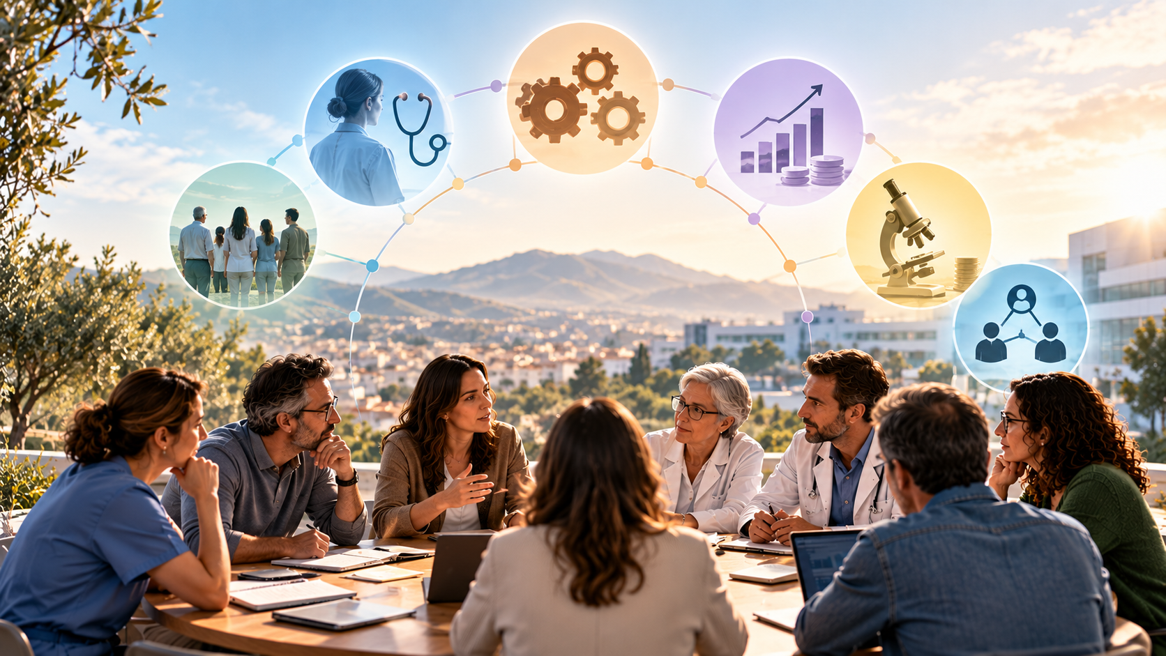 Representantes de la sociedad y del ámbito sanitario dialogan en una mesa de trabajo sobre el futuro de la sanidad, con diferentes perspectivas conectadas.