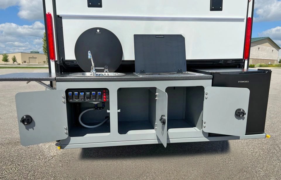 Rear Slideout Kitchen Storage - Aluminum Cabinetry