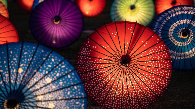 Okayama Castle illuminated Umbrellas