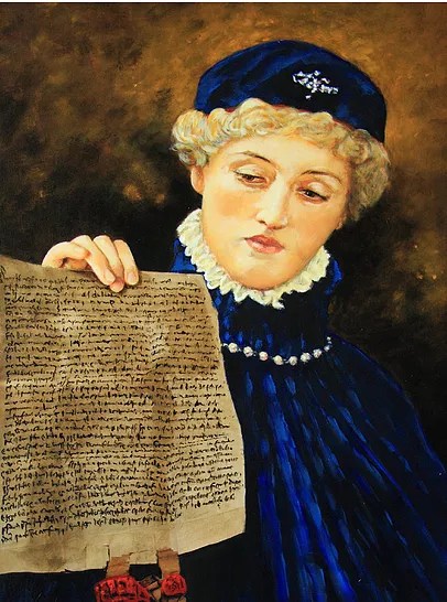 20"x24 portrait of Portia holding letter of the law during shakespearean play The Merchant of Venice