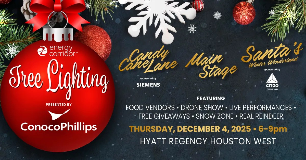 Festive holiday poster for a Tree Lighting event on December 4, 2025, 6-9pm, at Hyatt Regency Houston West. Includes food vendors, drone show, and giveaways.