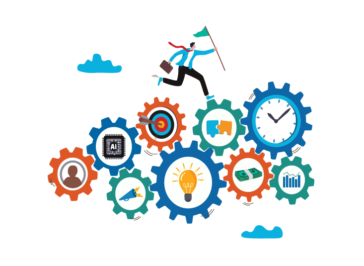 Person managing gears and flowcharts, symbolizing efficient content process management.