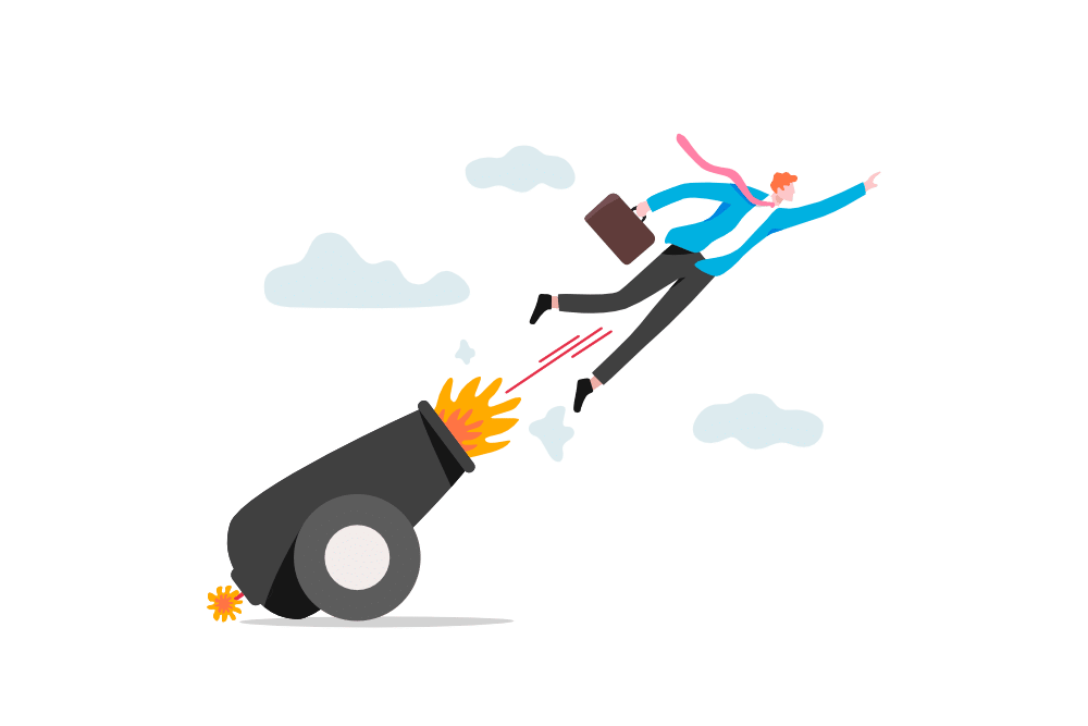 Man explosively bursting with energy on canyon, symbolizing breakthrough success and bold achievement.