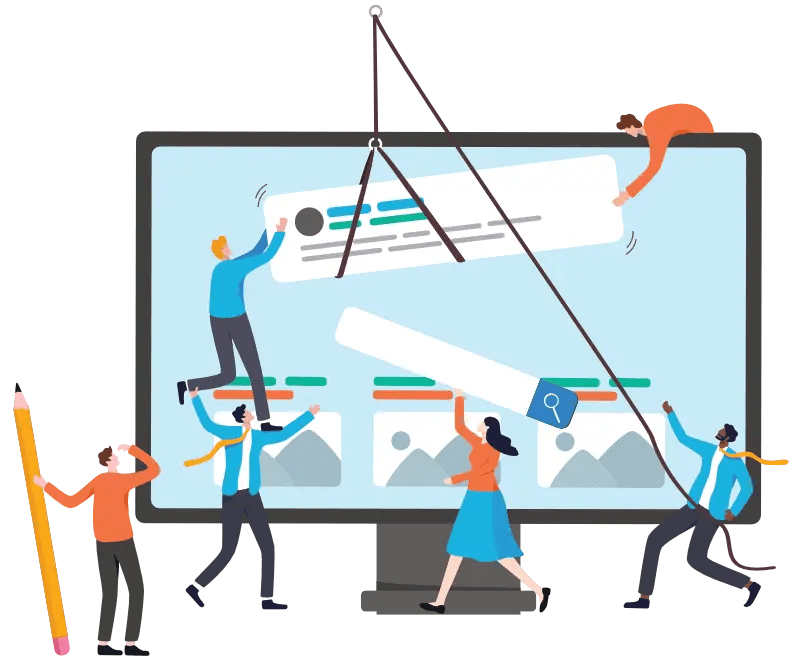 Team collaboratively building a website, representing expert content creation and strategy services.