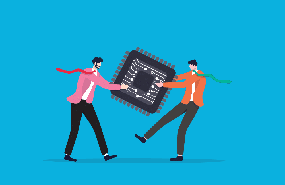 Two men holding a large microchip relevant to the importance of AI stats.