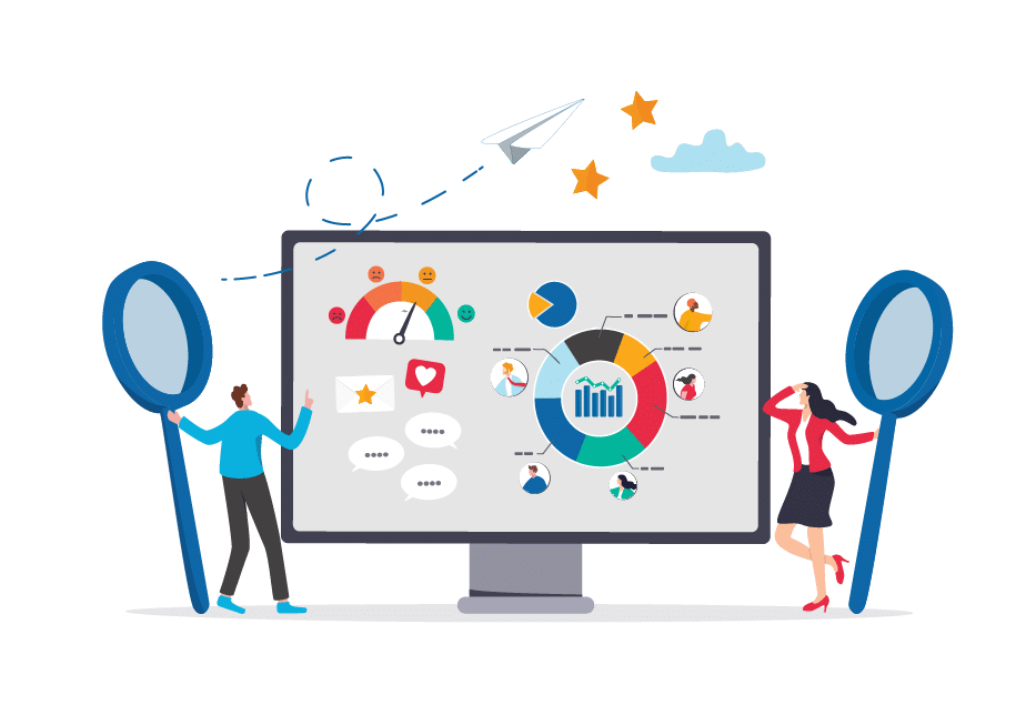 Team using magnifying glass on computer screen to analyze keywords, data, and digital performance.