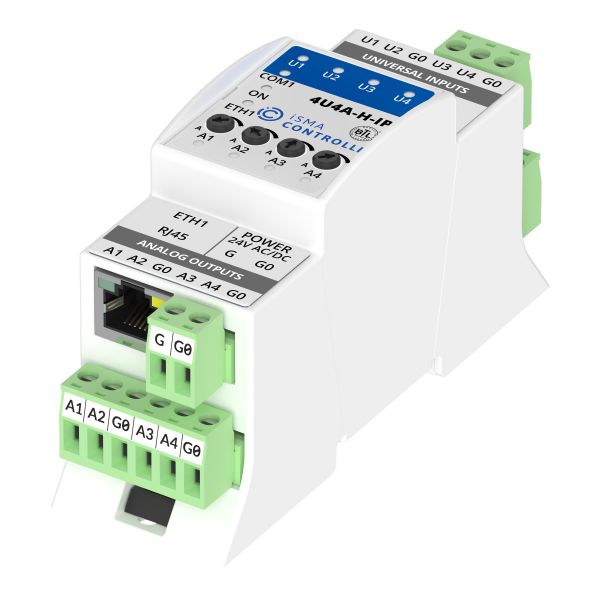 I/O module with Modbus TCP/IP or BACnetIP communication. 1xETH, 1xRS485, 4xUI 4xAO with HOA. 24 V AC/DC.