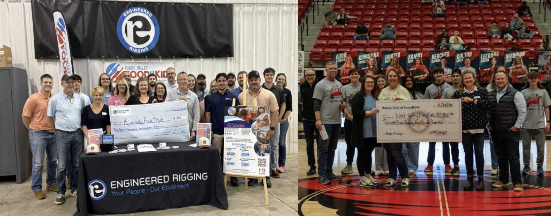 Oversized donation checks being presented to two groups of people in separate ceremonies.