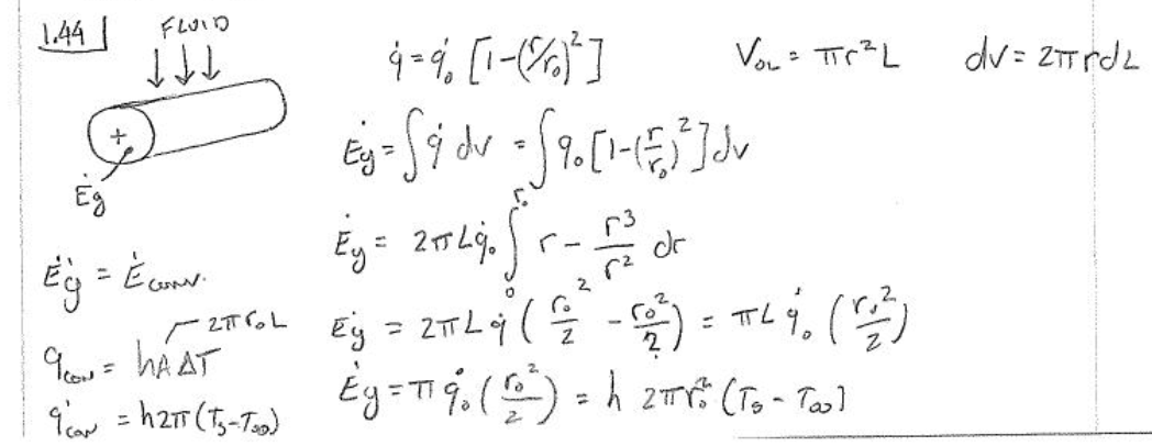 Handwritten integration of non-uniform heat generation in a cylinder to find total energy rate and wall temperature