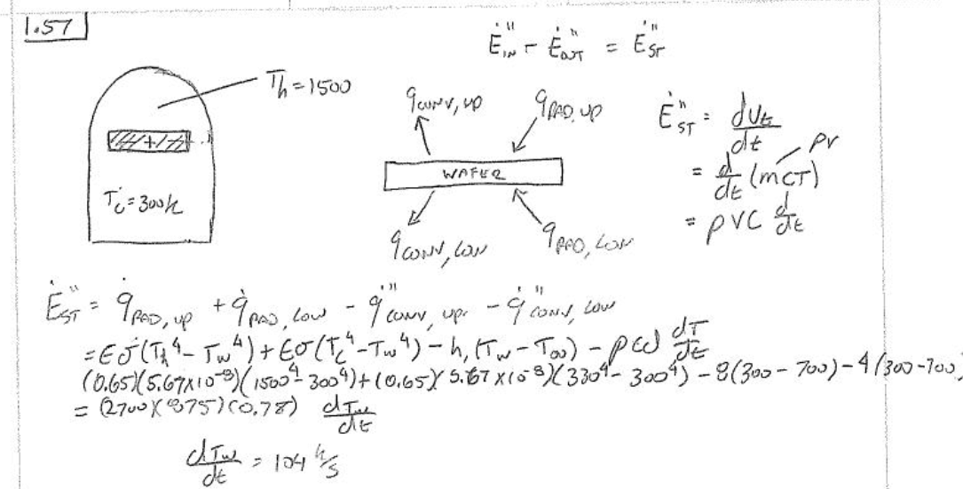 Handwritten transient energy balance on a silicon wafer with radiation and convection from the furnace zones