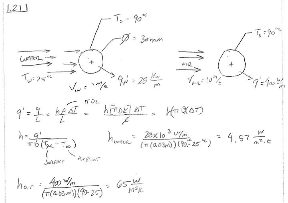 Handwritten solution comparing convection coefficients for water and air flowing across a heated cylinder
