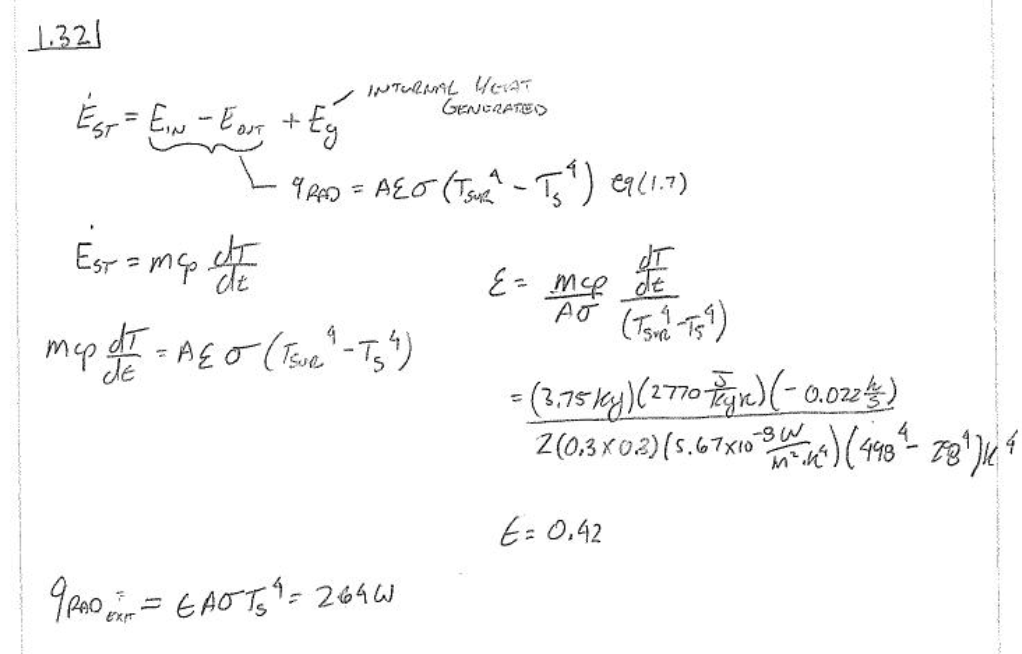 Handwritten solution for plate emissivity and radiation rate when cooling in a vacuum