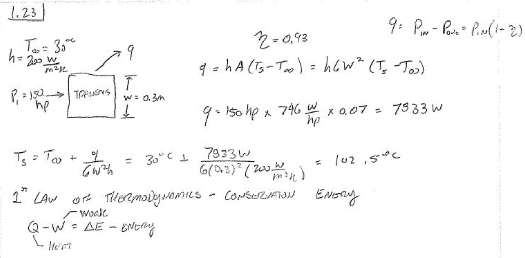 Handwritten solution finding the surface temperature of a transmission case from power loss and convection