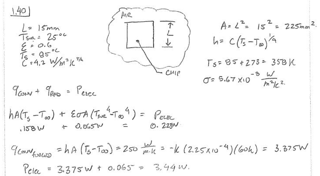 Handwritten solution for maximum chip power with natural convection plus radiation and with forced convection