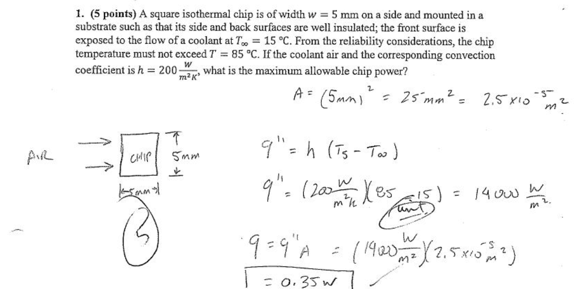 Handwritten solution for the maximum power of a 5 mm square isothermal chip cooled by a coolant