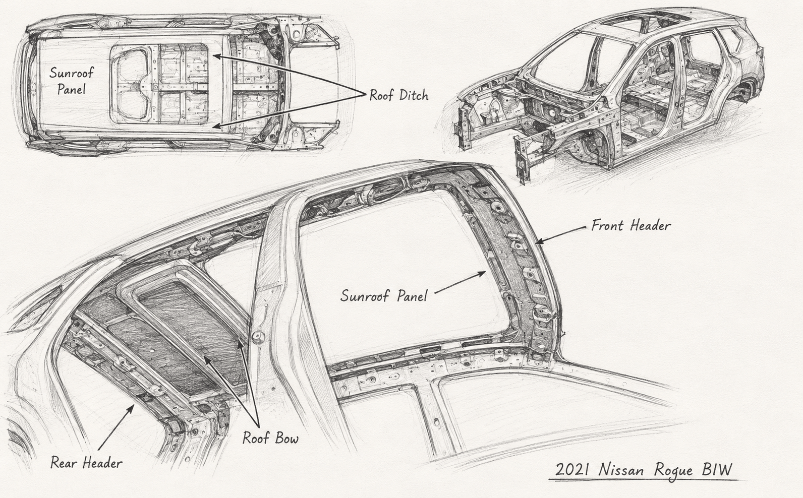 2021 Nissan Rogue showing the greenhouse area of glass and roof structure