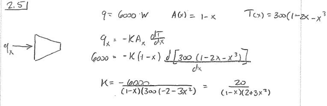 Handwritten derivation of thermal conductivity as a function of position from Fourier's law and a given temperature profile