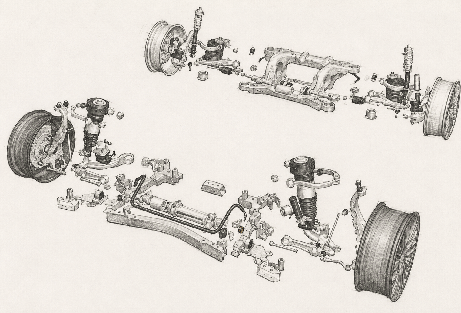 Exploded diagram of an automotive chassis and suspension system