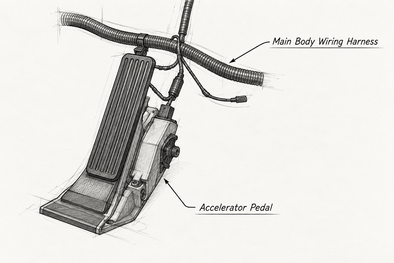 Throttle-by-wire accelerator pedal connected only to a wiring harness