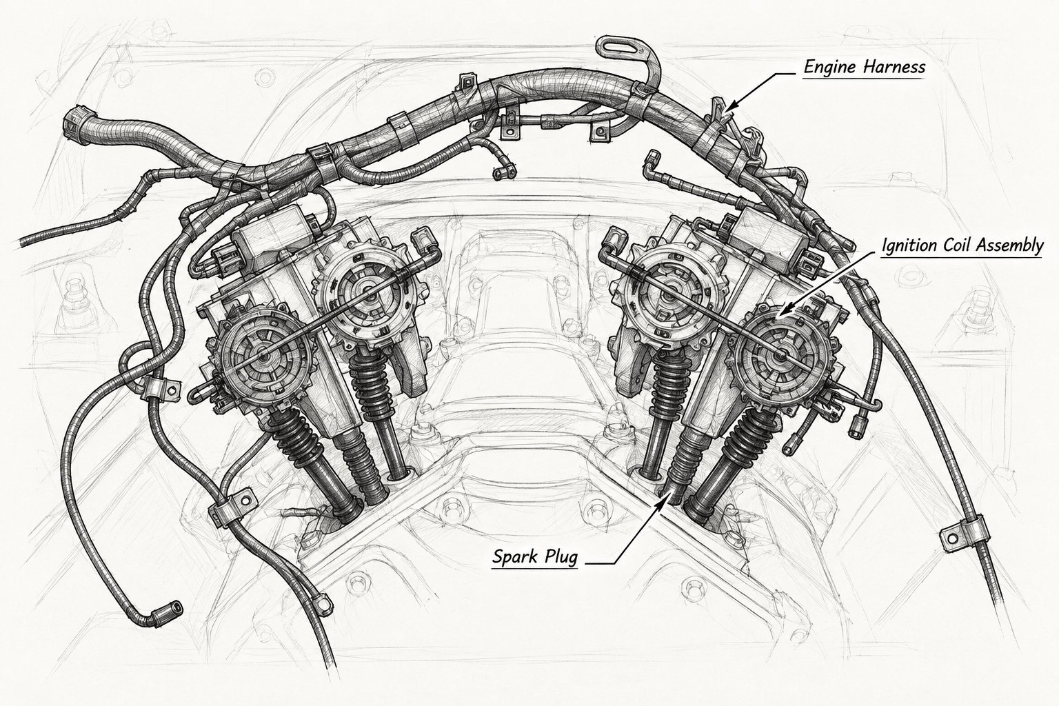 Automotive ignition system diagram showing spark plugs, coil, and wiring layout
