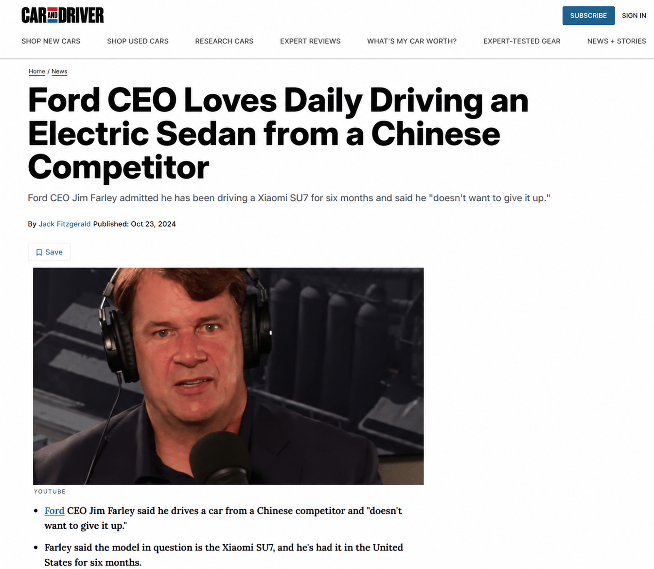 Car and Driver headline: Ford CEO Jim Farley daily-drives a Xiaomi SU7 from a Chinese competitor