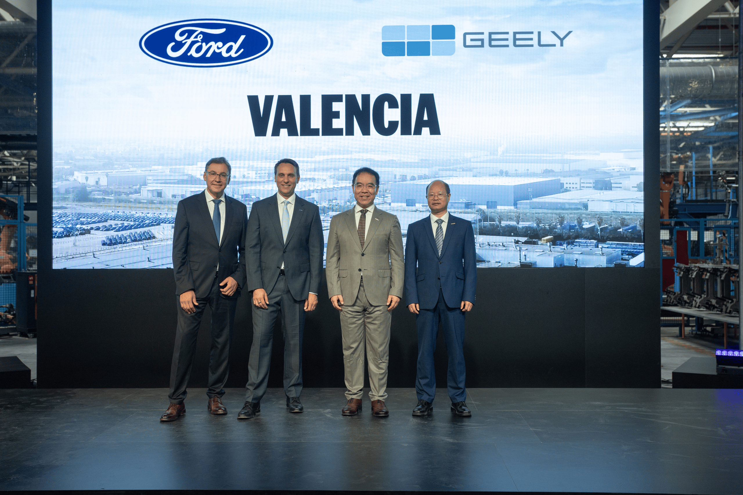 Ford and Geely executives at the announcement of their joint venture at Ford’s Valencia, Spain plant