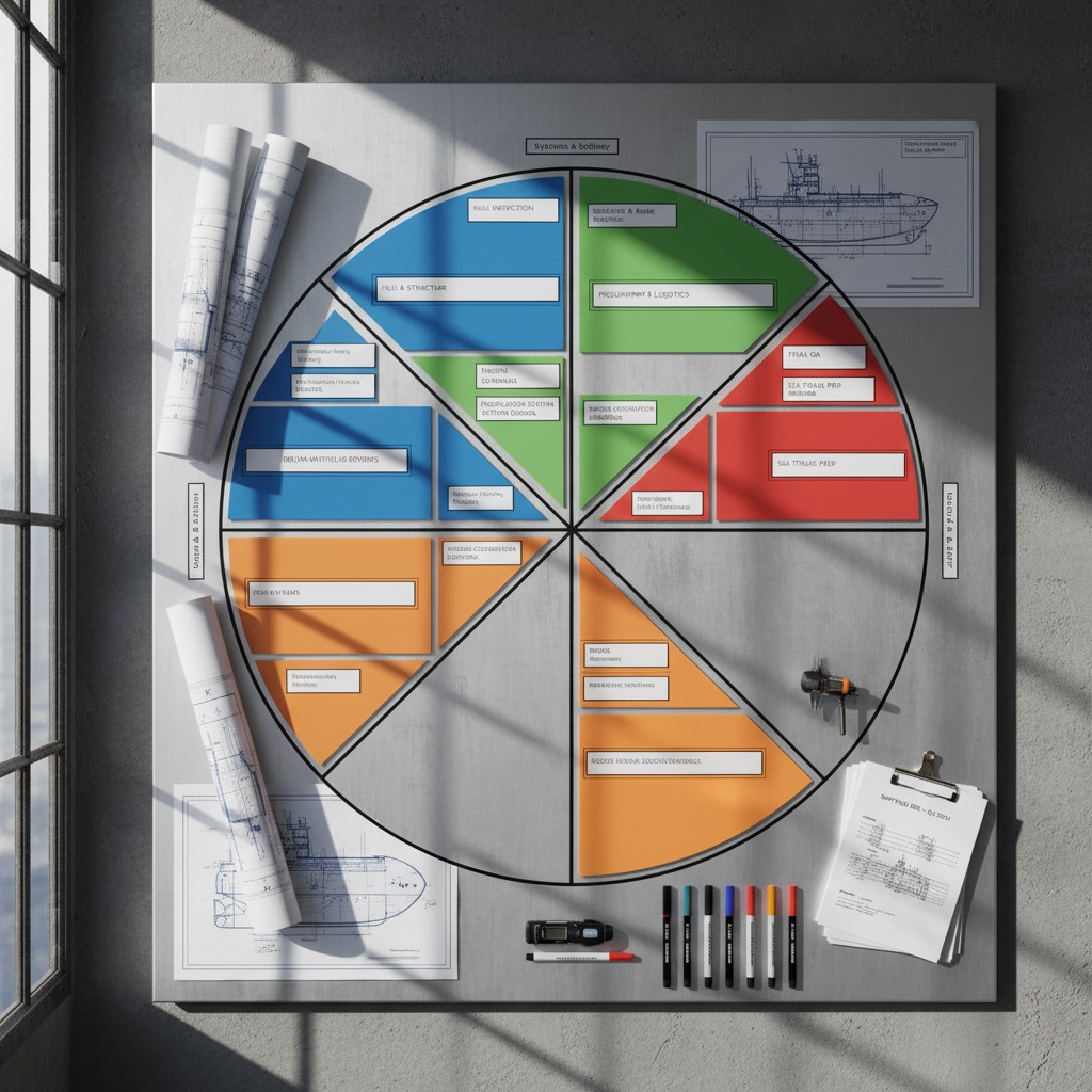 The image is a large, wall-mounted, circular diagram divided into twelve sections, each colored differently (blue, green, ...