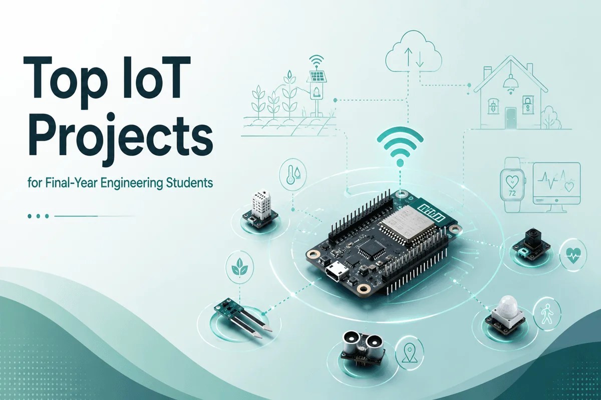 Top IoT projects for final-year engineering students featuring ESP32 microcontroller board, sensors, smart home, and smart agriculture icons