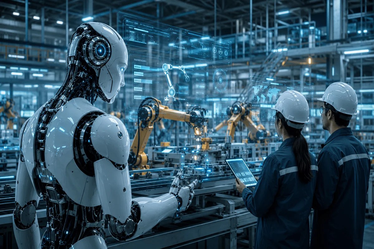 AI-powered robot and engineers in a smart factory using robotics technology.