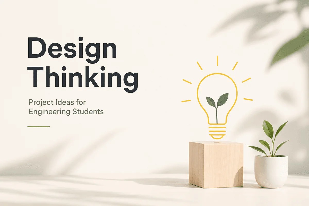 A clean, minimal graphic set against a soft off-white background with subtle leaf shadows. On the left side, dark grey and green text reads "Design Thinking" in large bold font above the smaller subtitle "Project Ideas for Engineering Students". On the right side, a small green potted plant sits next to a wooden cube block. Directly above the wooden block is a yellow outline of an glowing light bulb containing a tiny green plant sprout growing inside it.