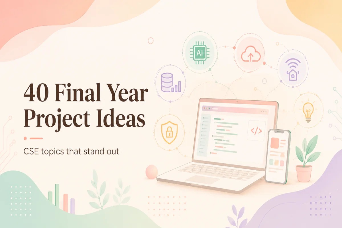 Final year CSE project ideas illustrated with a laptop and icons representing AI, cloud, cybersecurity, IoT, data science, and coding.