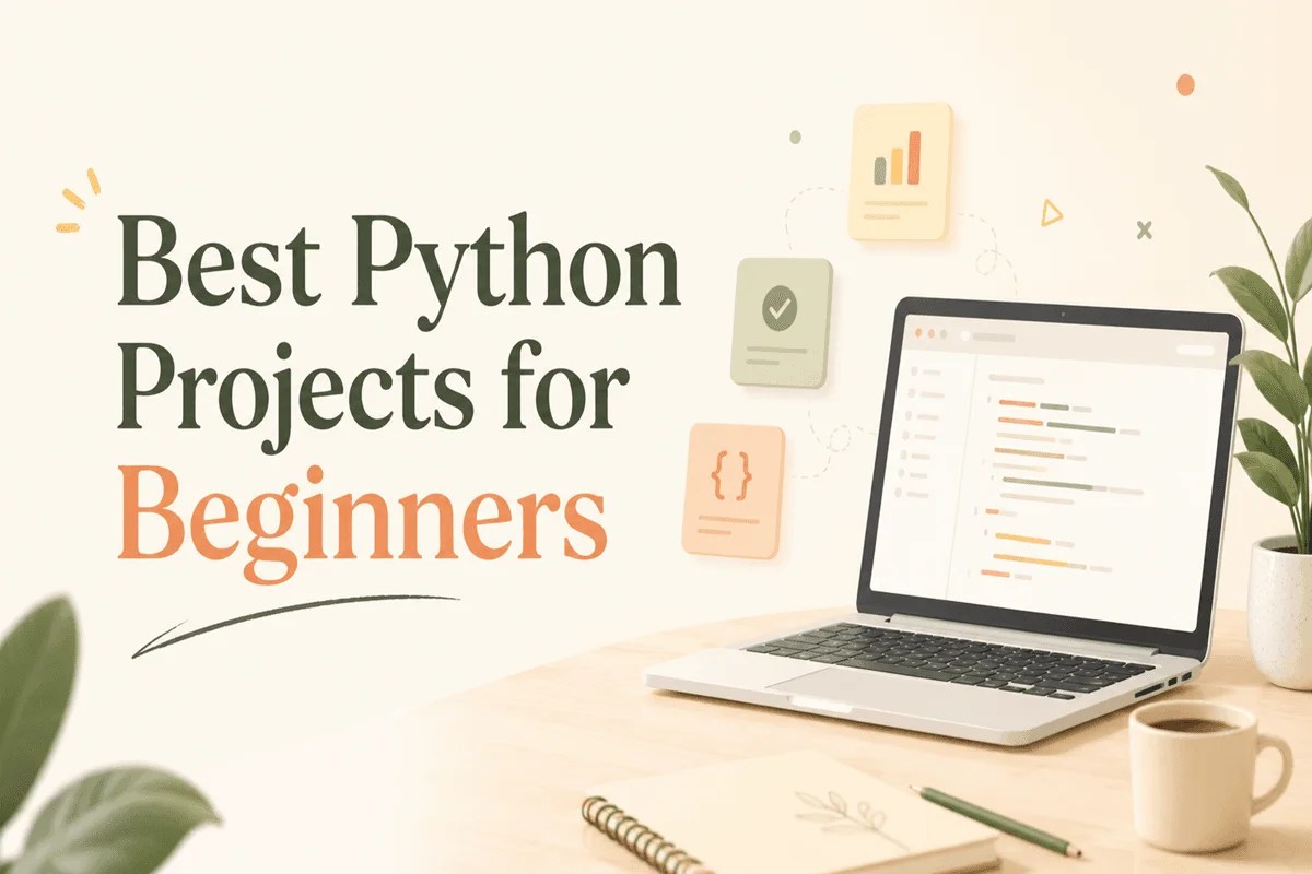 Best Python Projects for Beginners cover image featuring a laptop with code, project cards, and a clean warm workspace design.