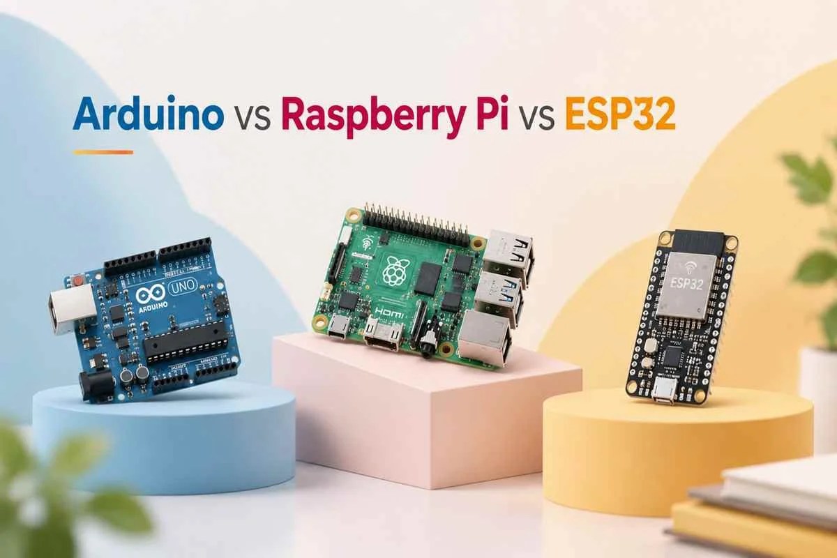 Arduino, Raspberry Pi, and ESP32 boards displayed on colorful pastel platforms with the title "Arduino vs Raspberry Pi vs ESP32" comparing the best board choices for final-year engineering projects.