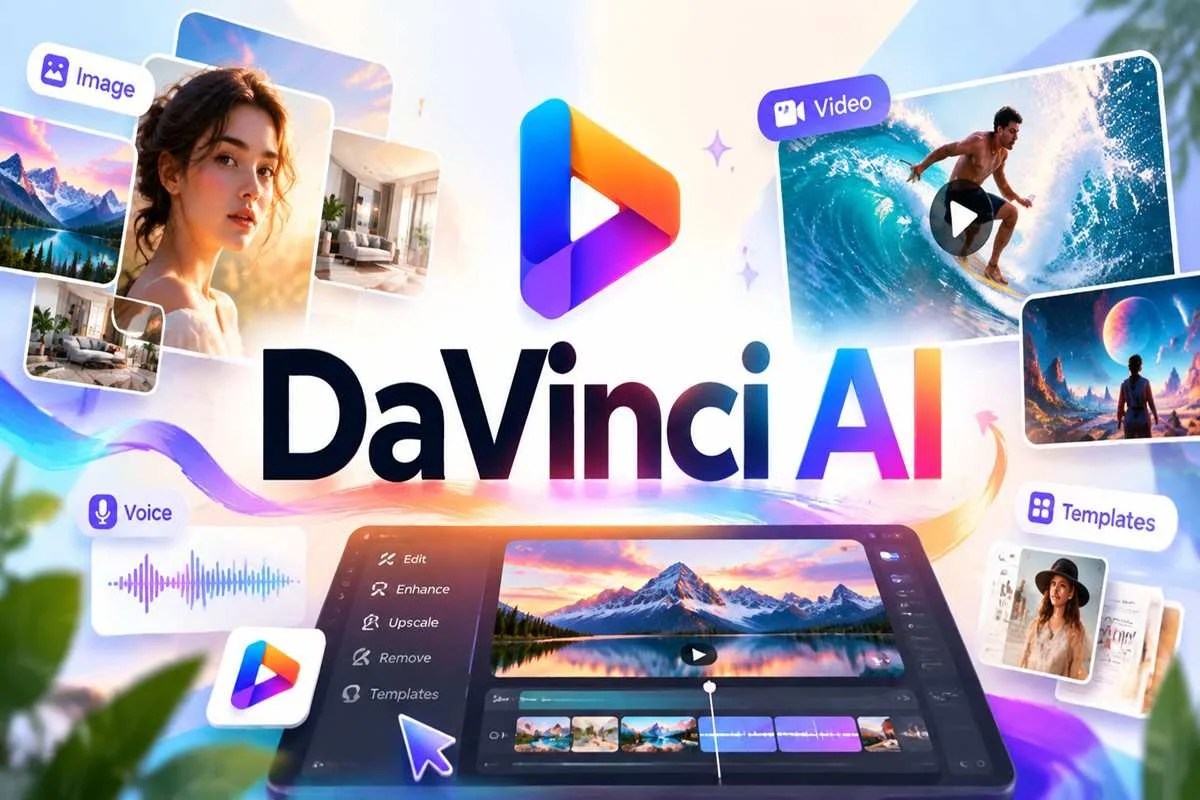 DaVinci AI review cover showing AI image, video, and creative editing tools with the DaVinci AI logo.