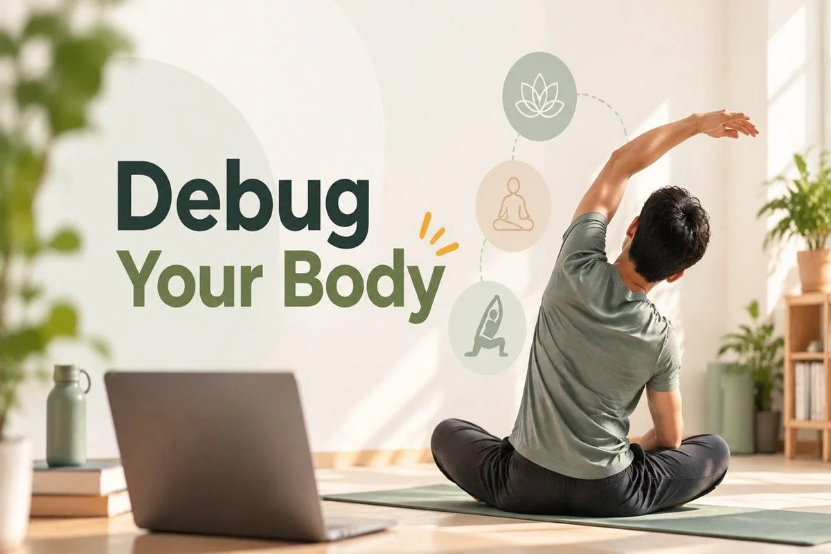A minimalist wellness cover image showing a person stretching on a yoga mat in a bright neutral room with plants and a laptop, featuring the title “Debug Your Body” in bold text with soft green and beige tones.