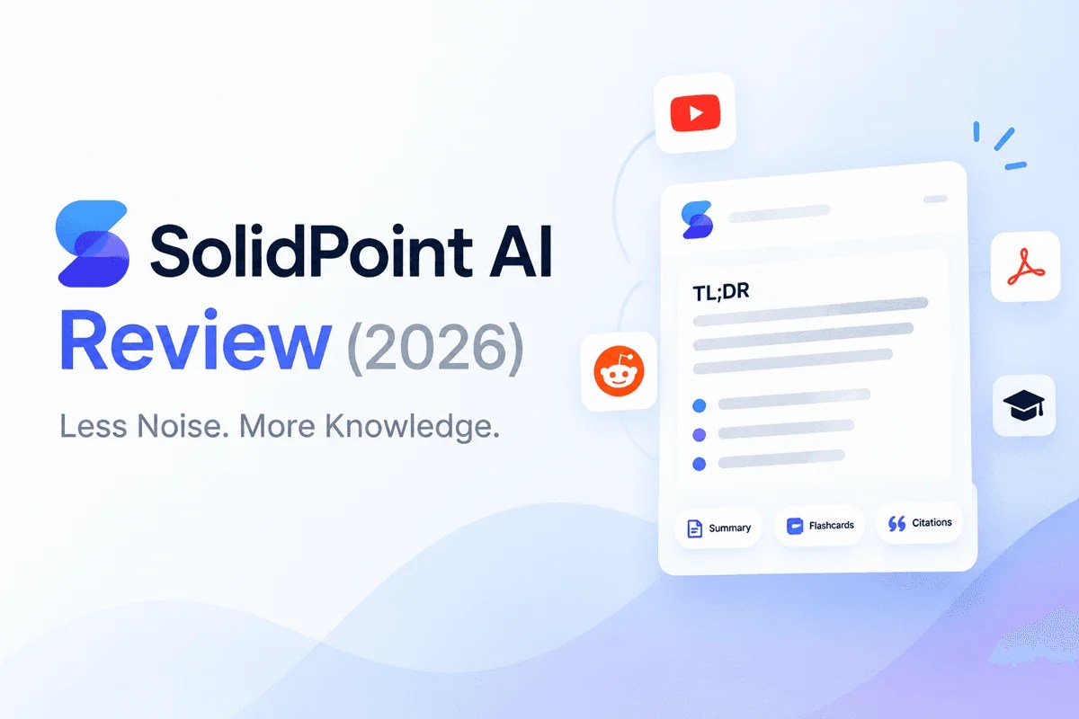 SolidPoint AI review 2026 cover image with AI summary dashboard and content analysis interface