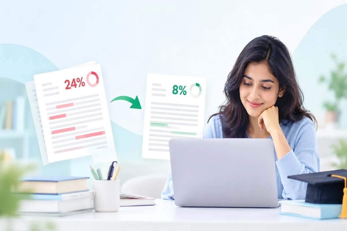 Student reviewing thesis plagiarism similarity reports on a laptop, showing a reduction from 24% to 8%, with academic books and a graduation cap in a bright, minimal study setting.