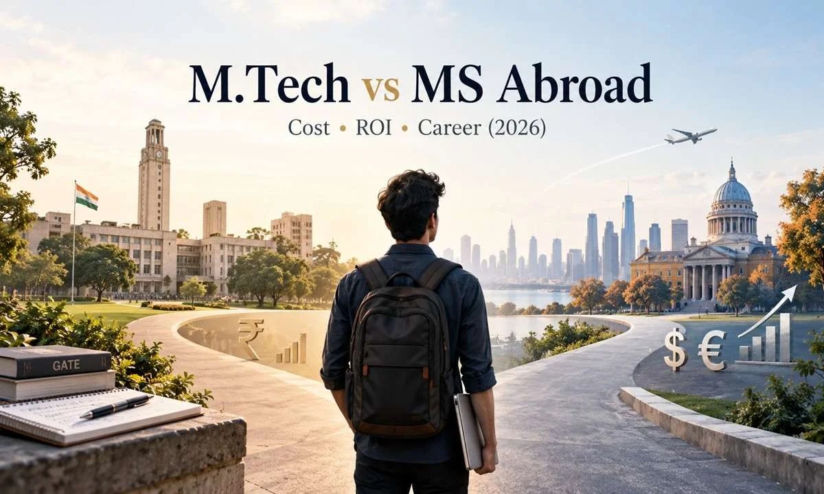 Indian engineering graduate standing at a crossroads between M.Tech in India and MS abroad, comparing education costs, career opportunities, and return on investment in 2026.